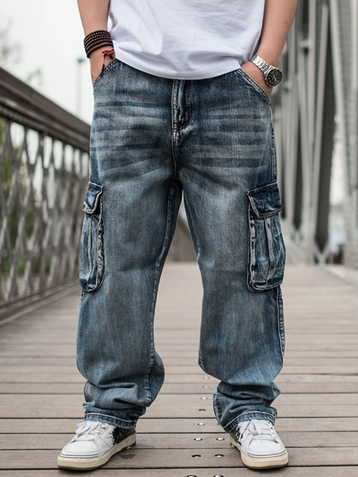 

American Retro Workwear Denim Pants Men's Spring Autumn Casual Loose Versatile Waed out Long Trousers Multiple kets