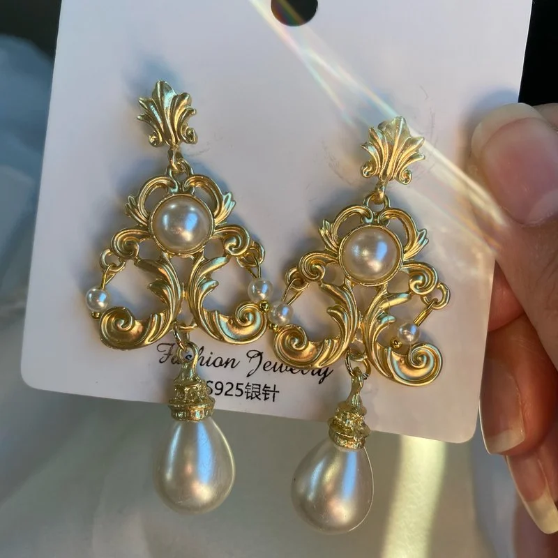 Retro Luxury Baroque Bride Earring For Women Euramerican Palace Vintage Pop Pearl Earrings