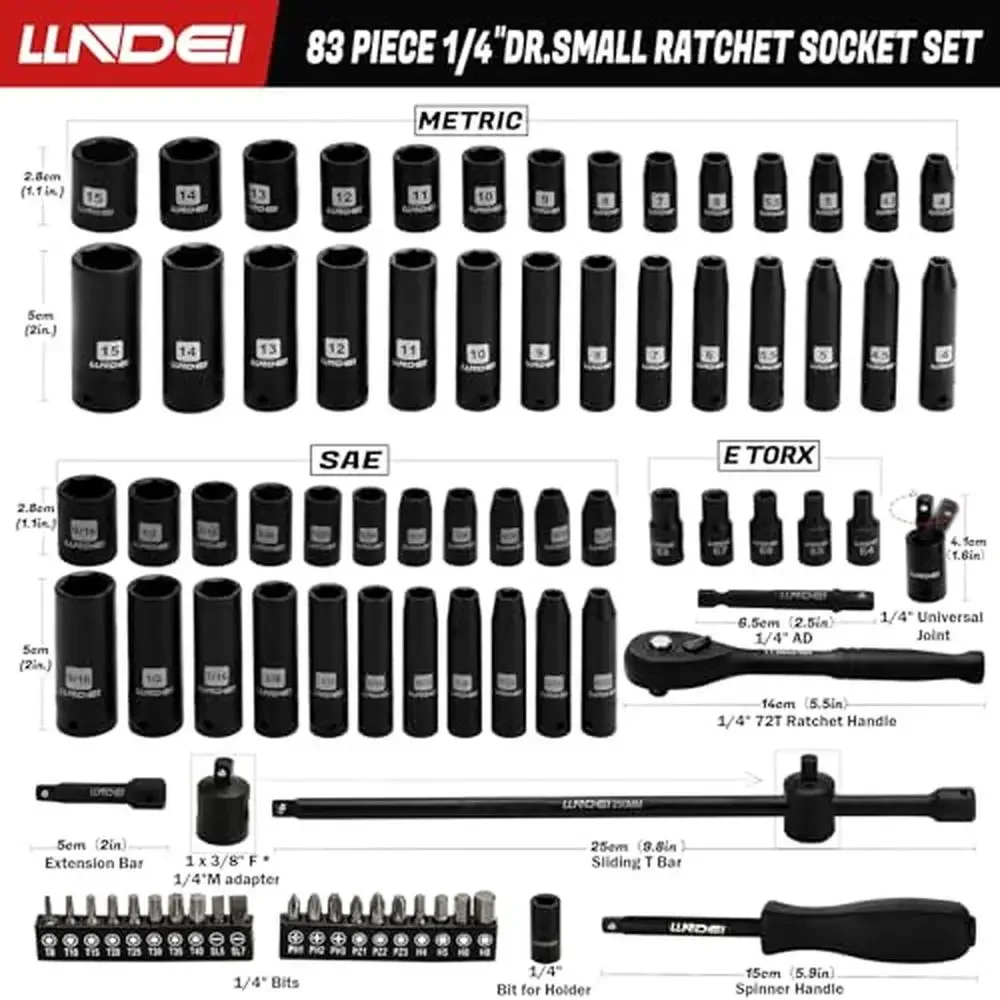 83-Piece 1/4 Drive Socket Set SAE Metric Sizes 4-15mm with 72T Ratchet Wrench CR-V Impact Extension Bar E Torx Bits Spin Handle