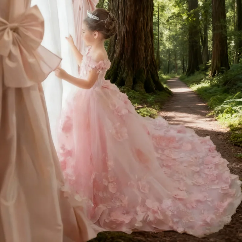 

Розовое платье с цветочным узором для девочек на свадьбу, тюлевая аппликация, роскошное пышное детское бальное платье принцессы на день рождения, первое причастие по индивидуальному заказу