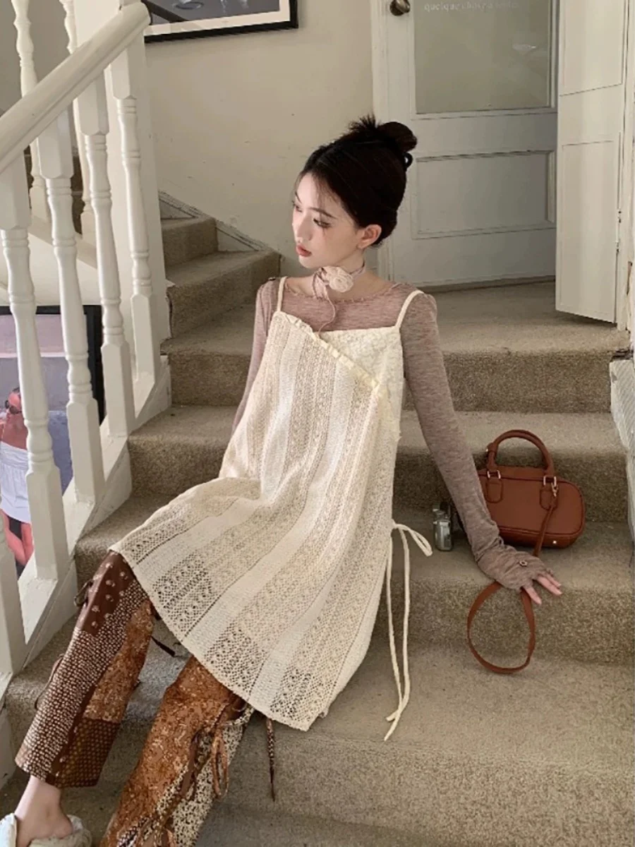 Vestido f estilo coreano com alças vazadas, camada de base, gola em v, cintura alta, linha a, vestido curto, temporada...