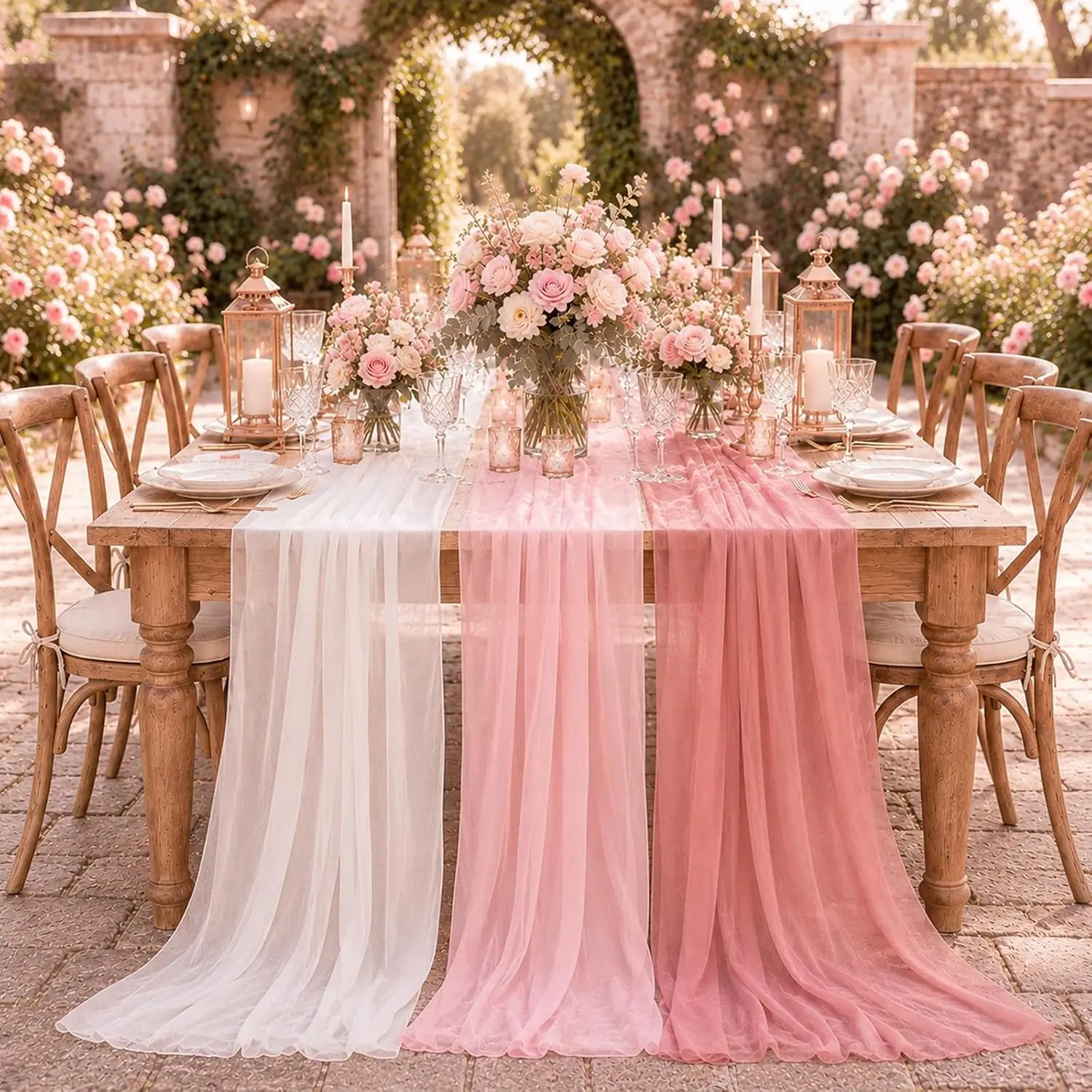 3pcs Pink White Gauze Table Runner 10FT Sheer Chiffon Tulle Rustic Boho Wedding Party Bridal Shower Baby Birthday Home Decor