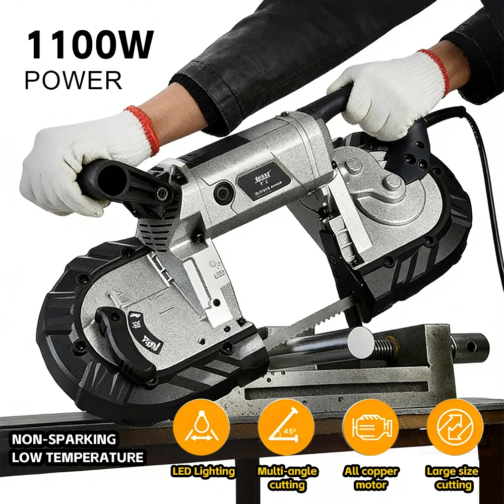 

Портативная мини-ленточная пила 0-45 ° Угловая пила 1100 Вт 220 В, инструмент для резки скоса для домашней мастерской, резка металла, дерева, стали