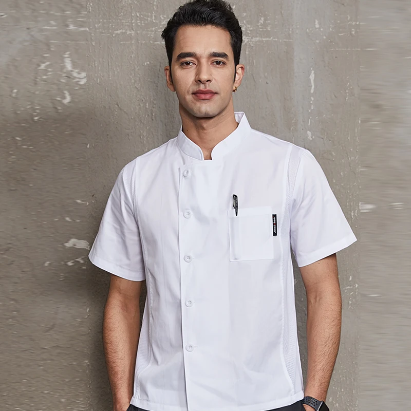 Double Breasted Chef Coat Short Sleeves Restaurant Hotel Cook Uniform Kitchen Cooking Jacket Cafe Bakery Work Shirt Breathable