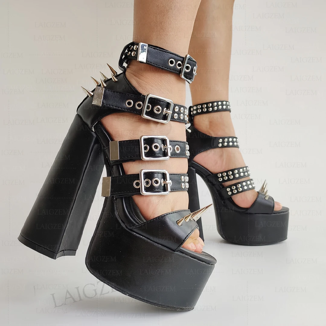 LAIGZEM Women Sandals Spikes Buckle Straps Chunky Square High Heels Sandals Party Punk Pumps Shoes Woman Large Size 38 41 44 47