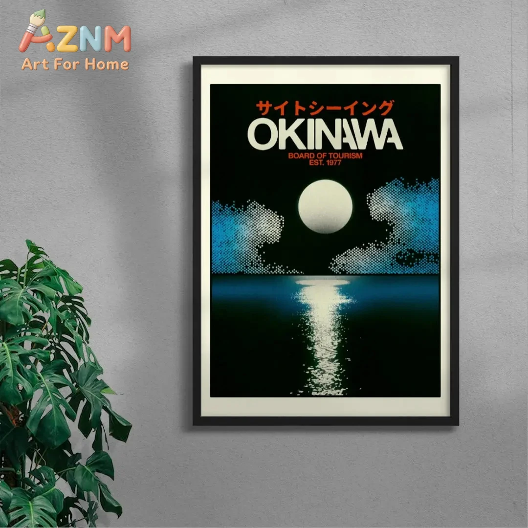

Настенный декор в ретро-рамке «Окинава: Путешествие по острову» — винтажный японский туристический плакат с изображением лунного океана, декор для дома и офиса