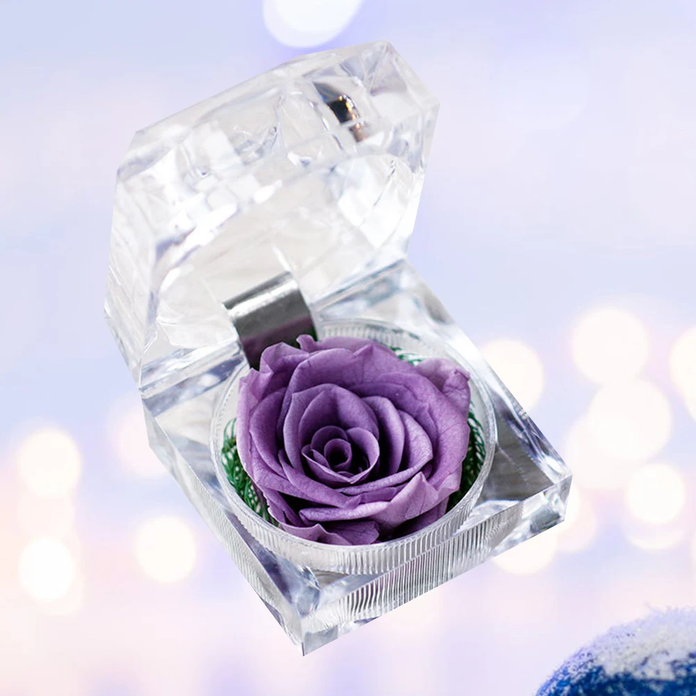 

Preserved Eternal Flower Purple White Acrylic Ring Box Romantic Gift for Valentines Anniversary Birthday Home Wedding Party
