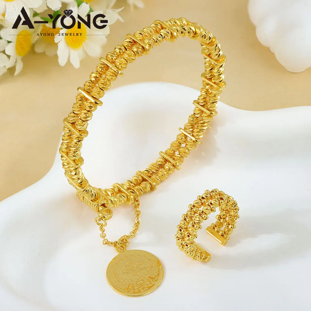 

Арабские модные бусины, браслеты, набор колец, 24-каратное позолоченное нигерийское свадебное браслет, Дубай, исламские женские ретро-ювелирные изделия для вечеринок