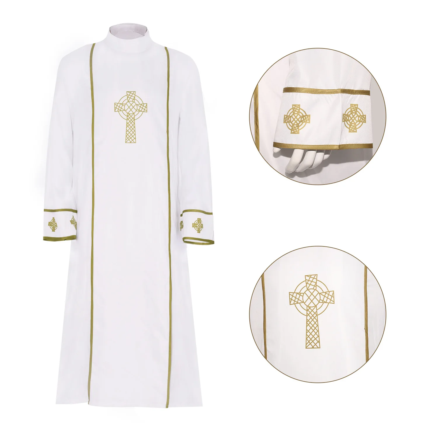 

White Priest's Cospaly Dress, Medieval Yellow Cross Robe Stage Performance Cos Costume Stage Performance Costume