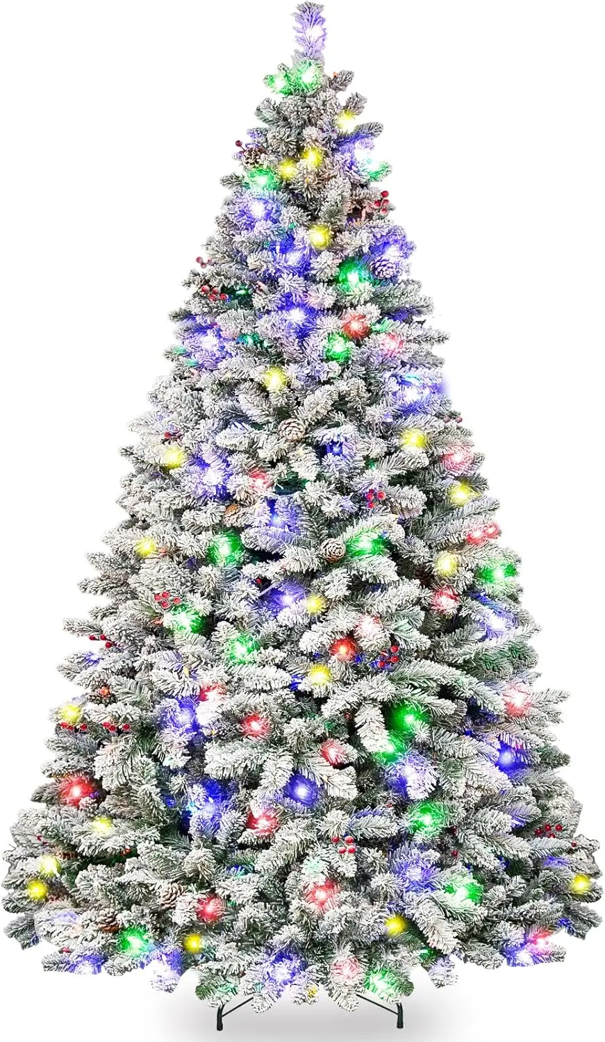 9ft Prelit Snow Flocked Christmas Tree with 600 Multicolor LED Lights, Artificial Christmas Tree with Pine Cones and Berrie