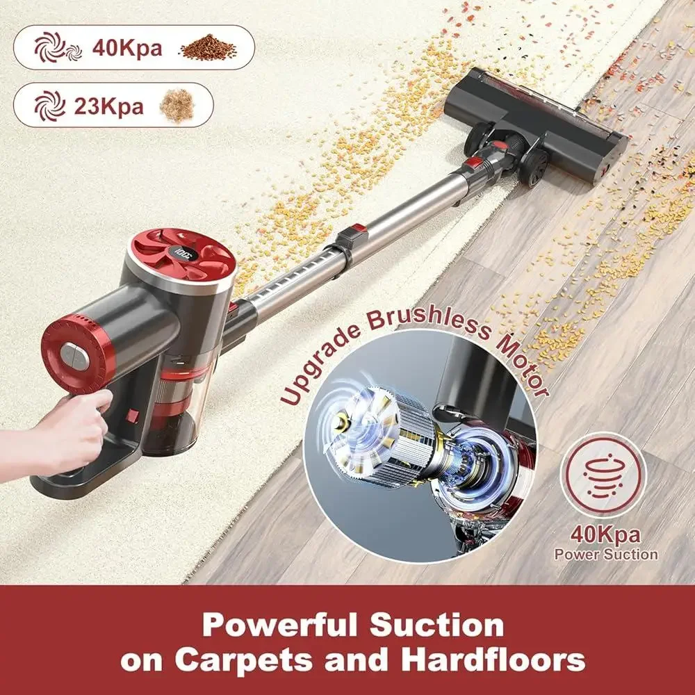 Cordless Vacuum Cleaner 40KPa Strong Suction 40 Min Runtime Brushless Motor with LED Display Lightweight and Maneuverable