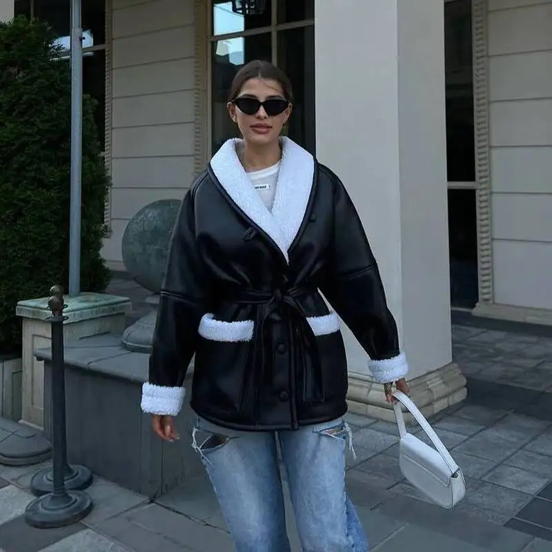 جديد فضفاض الشارع جهين معطف من جلد الغزال المرأة الدافئة الاصطناعي عادية الشتاء المرأة بولي Leather سترة جلدية