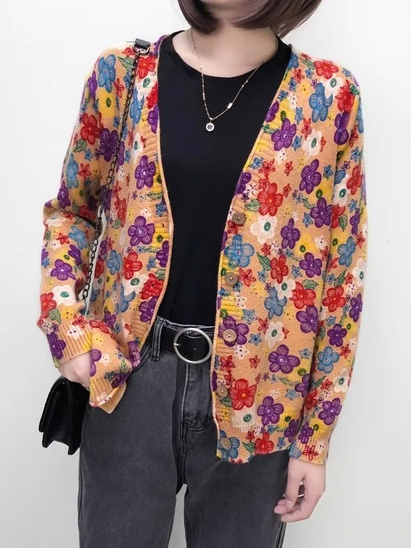 

Ethnic Print Knitted Open Cardigan Long Sve V-Ne Women's Faion Spring Autumn Light Outerwear Top Button Design Loose Fit