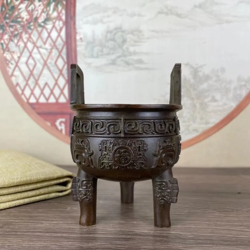 Antique Bronze Tripod Ding Incense Censer Carved Fu Pattern Traditional Chinese Worship Feng Shui Home Desktop Incense Holder