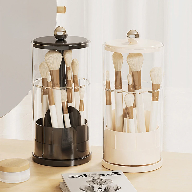 Lifting Rotating Makeup Brush Storage Bucket, High-End Cream Style, Desktop Makeup-Specific Storage Box