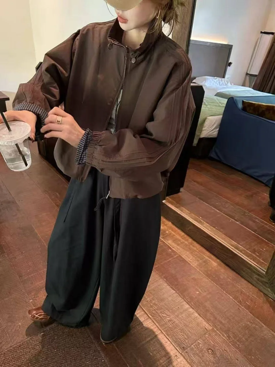 

Japanese Harajuku style spicy girl casual stand up collar plaid patchwork hoodie short autumn and winter women's loose top