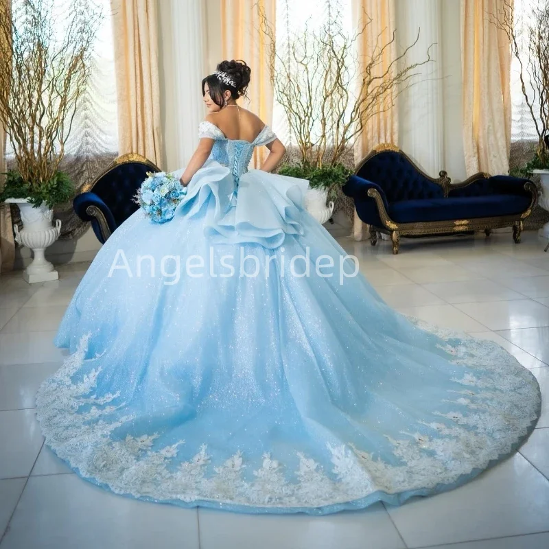 فساتين Angelsbridep مخصصة للحفلات الراقصة باللون الأزرق السماوي فساتين Quinceanera حلوة 16 تول لامع مزينة للحفلات الراقصة رداء De Soirée