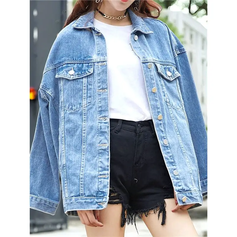TKOH-Veste en jean mi-longue surdimensionnée pour femme, manteau de motard en jean