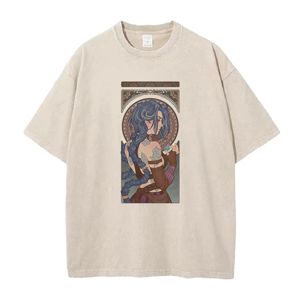 Hot Anime Arcane Jinx Graphic Printed Tee Men Women Aesthetic Trendy Tshirts Washed Cotton T-shirt Harajuku Male Casual T Shirt