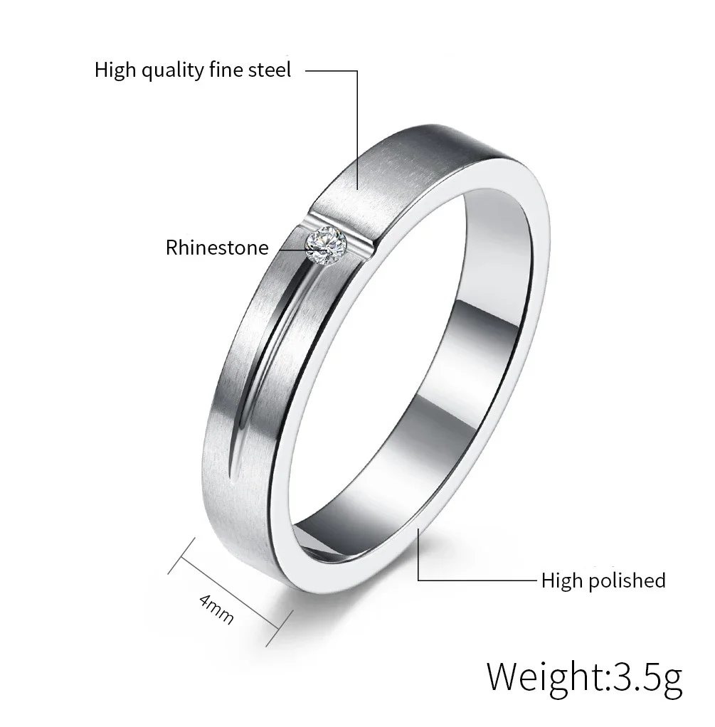 Woman Men Rings for Engagement Wedding Anniversary Jewelry Gift T-Shaped Matte Finish Stainless Steel Rhineston Ring