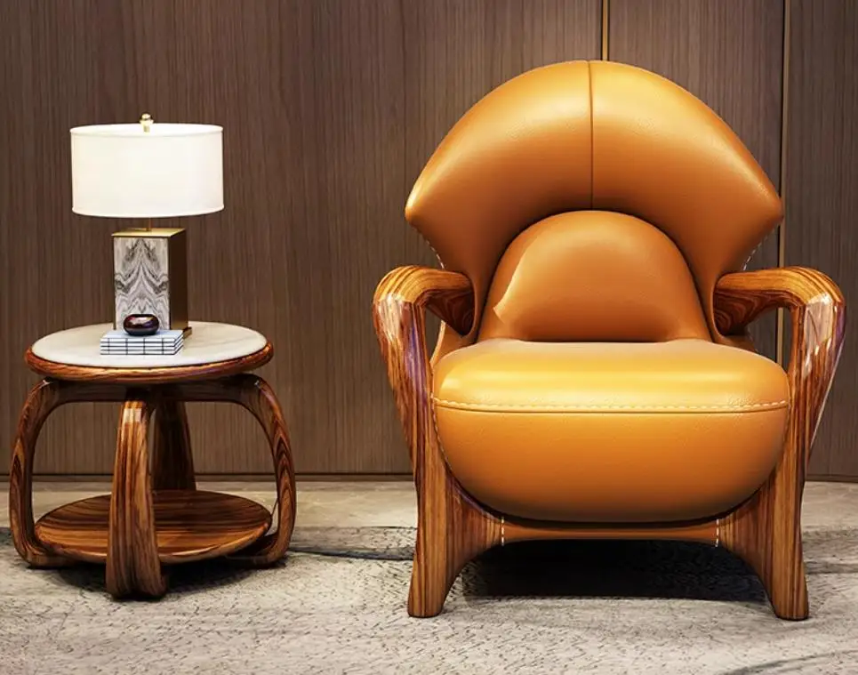 Luxury noble solid wood leather single leisure chair designer sofa high back tiger chair villa living room