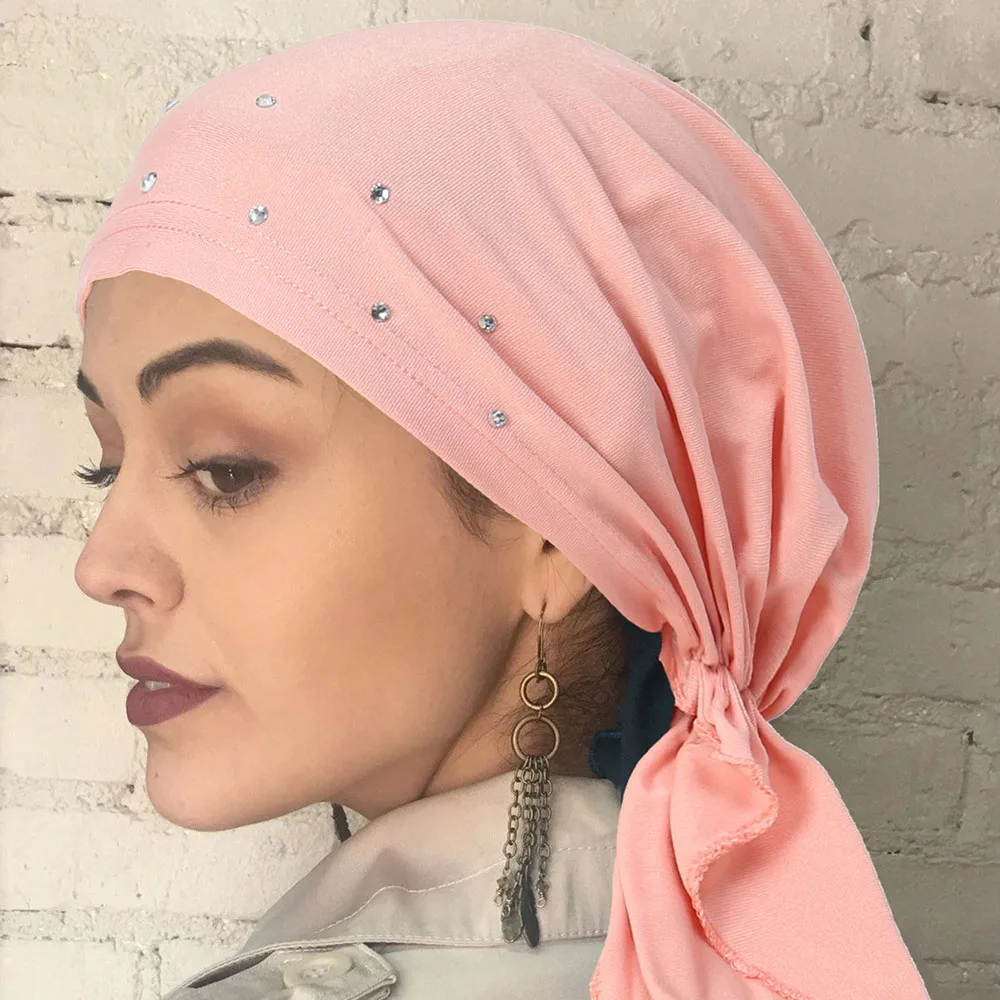 

Fashion Casual Long Tail Headscarf Hats Women Solid Color Elastic Head Wraps Cap Rhinestone Decor Muslim Stretch Turban Hat