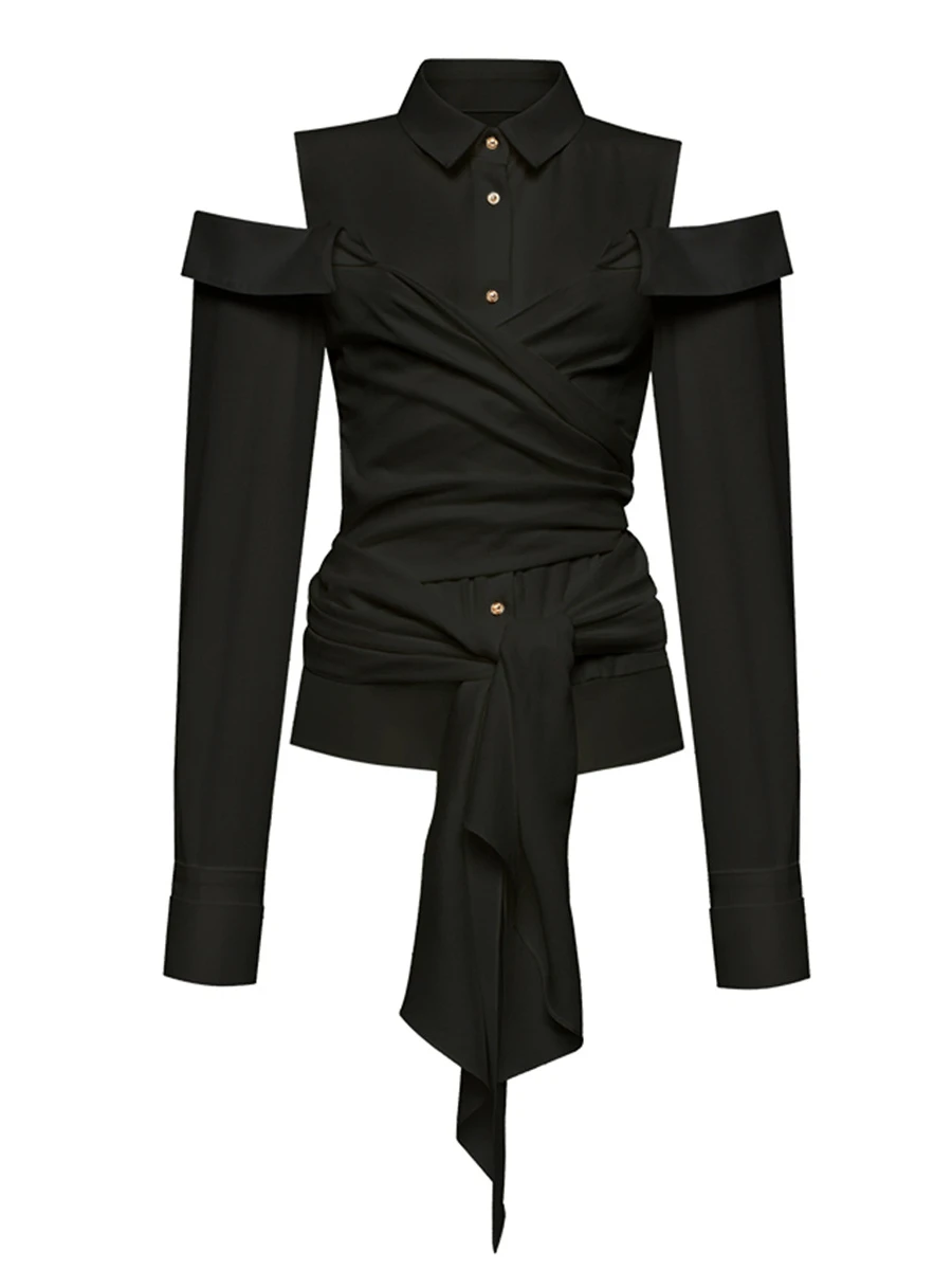 CHICEVER Sexy Basic Style Solid Shirt for Women Lapel Long Sleeve Off Shoulder Spliced Bandage Temperament Shirts Female Summer