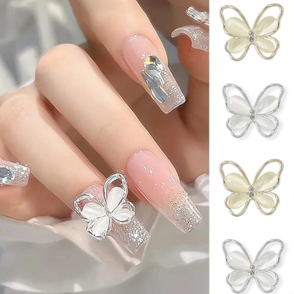 5Pcs 3D Cat's Eye Butterfly Nail Art Charms Shiny Silver White Pink Crystal Nail Rhinestones Luxury Jewelry Alloy Nail Parts