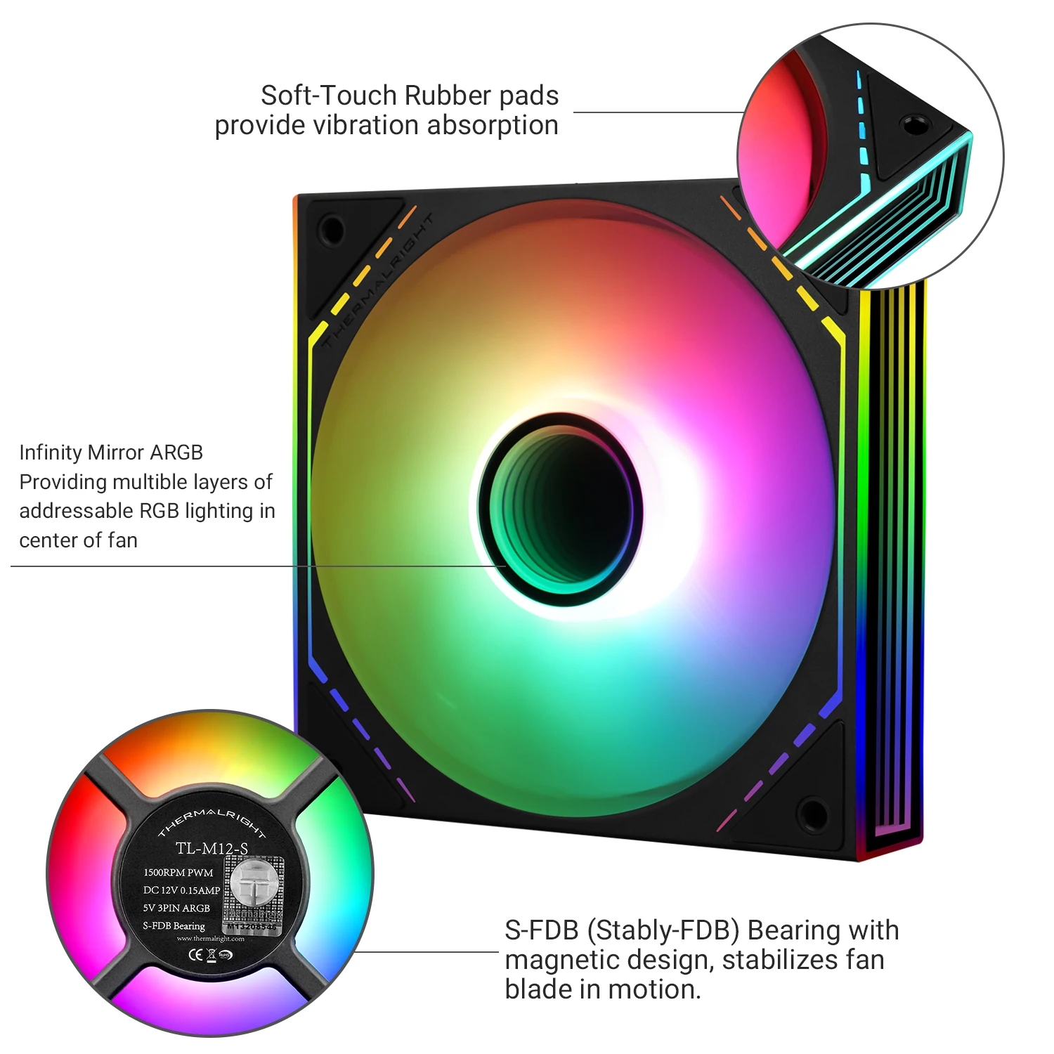 Thermalright 120mm Case Fan TL-M12/M12-S/M12W/M12W-S SILENT-BALANCE FAN INFINTY MIRROR ARGB LIGHTING 1500RPM 4PIN+5V 3PIN ARGB - view 4