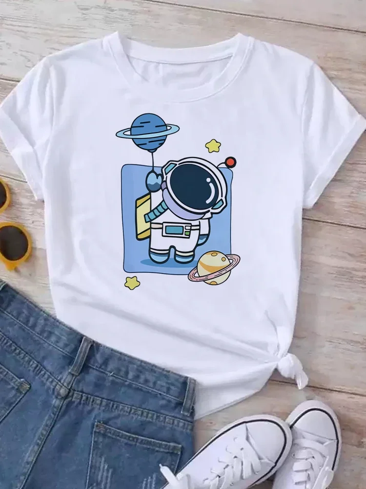Camiseta com estampa de astronauta, blusa casual de manga curta com gola redonda para primavera e verão, roupas femininas plus size