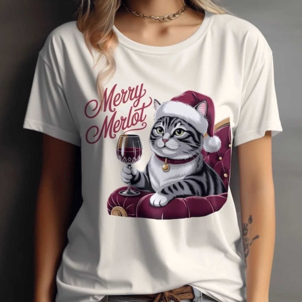Merry Merlot Cat T-Shirt Funny Christmas Cat with Wine Printed Shirt Gift for Cat Mama Clothing Holiday Celebration Apparel