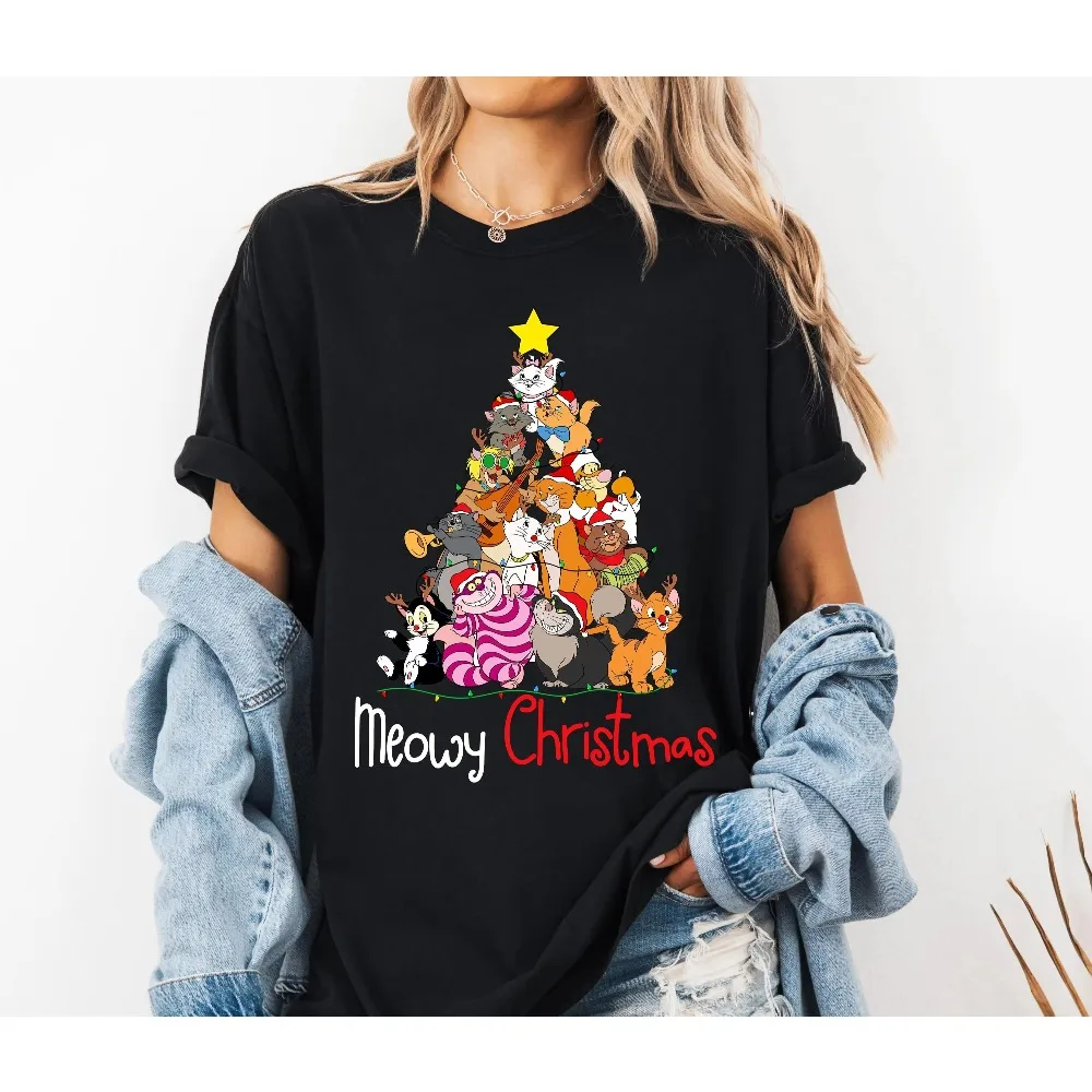 女性ディズニーアリストキャッツクリスマス Tシャツクリスマスパーティー Tシャツベリーメリークリスマスシャツオーバーサイズ快適なソフト Tシャツ