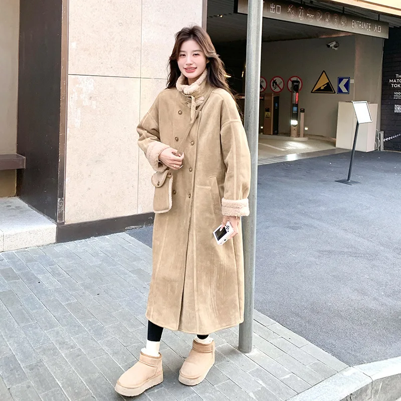 

Women's Camel Fleece-Lined Thickened Leather and Wool Coat Jacket 2025 Winter New Faux Fur Suede Windproof Jacket