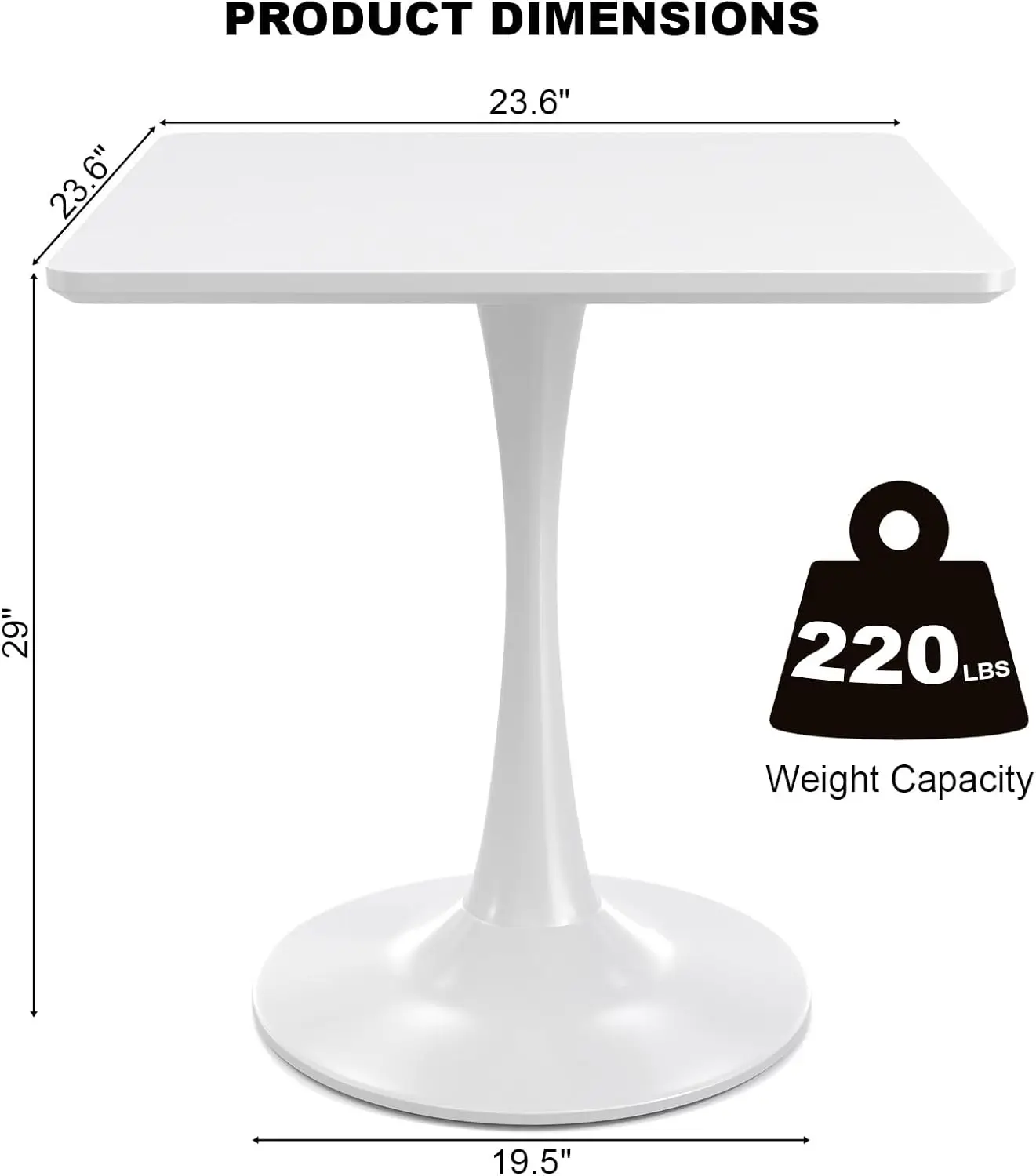 White Square Tulip Table For 2, 24 Inch Small Dining Table With Metal Pedestal Base For Kitchen, Mid-Century Modern Table With