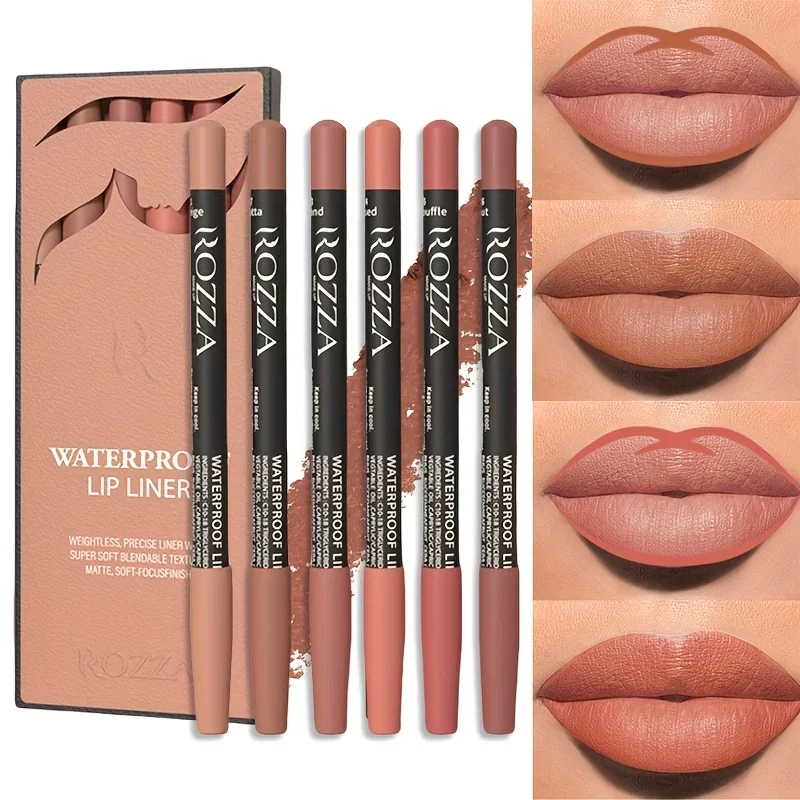 6 ชิ้น Nude Lip Liner Set, กันน้ํา Matte Long-Lasting Finish Lip Pencil แต่งหน้าทุกวัน Nude Lip Liners