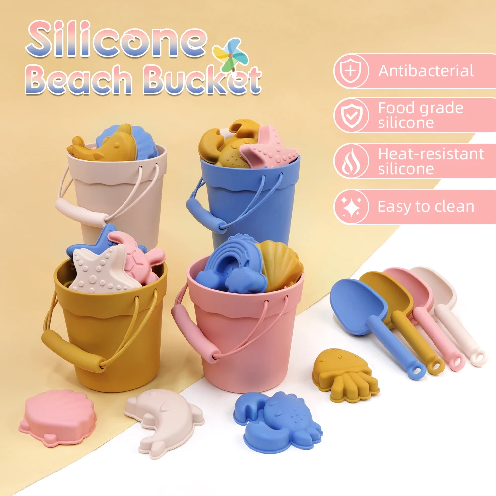 Conjunto de brinquedos de praia de silicone infantil, brinquedo de pá de areia infantil, balde de praia portátil, pai-filho