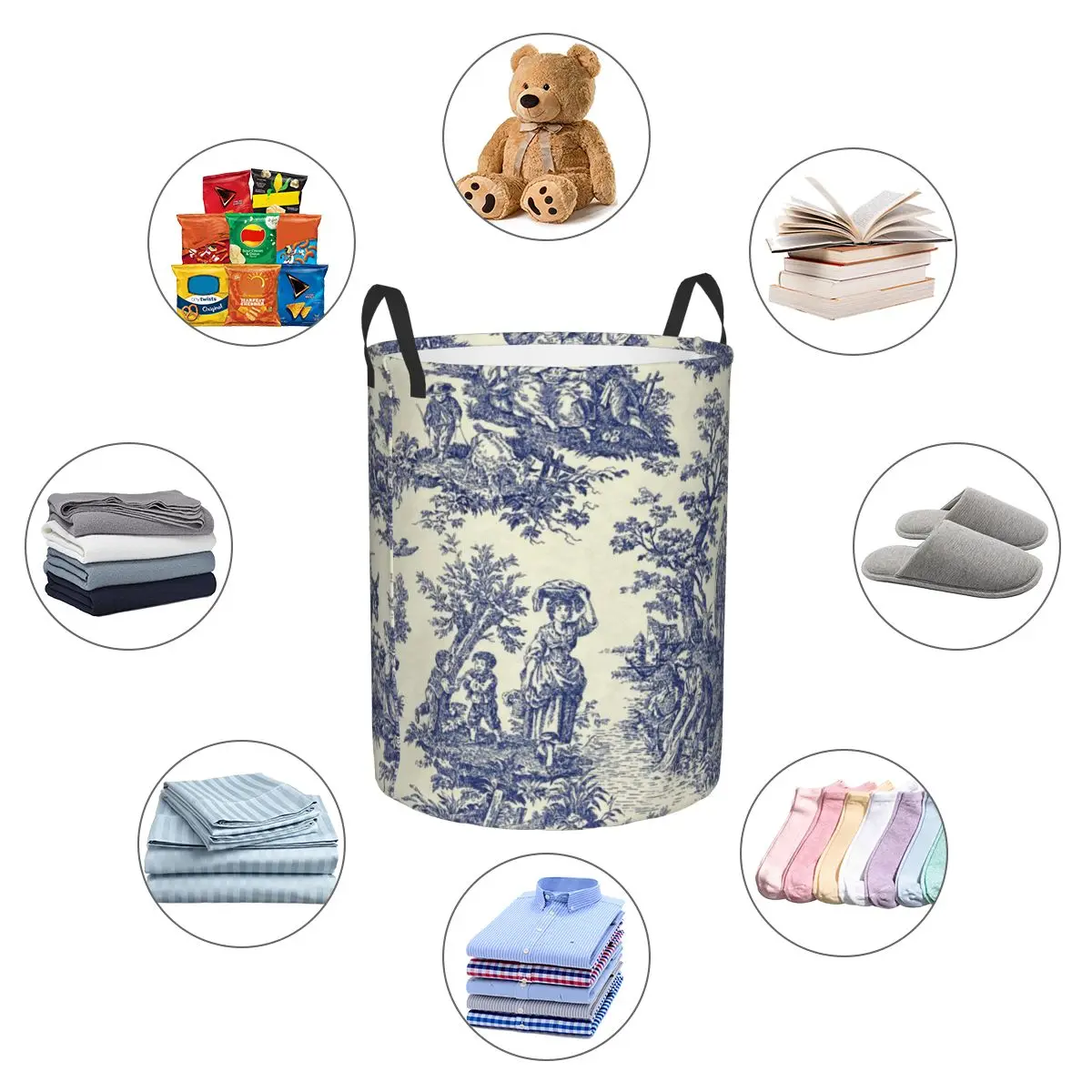 Custom Toile De Jouy Blue Laundry Hamper Large Clothes Storage Basket French Navy Blue Motif Toys Bin Organizer for Boy Girl