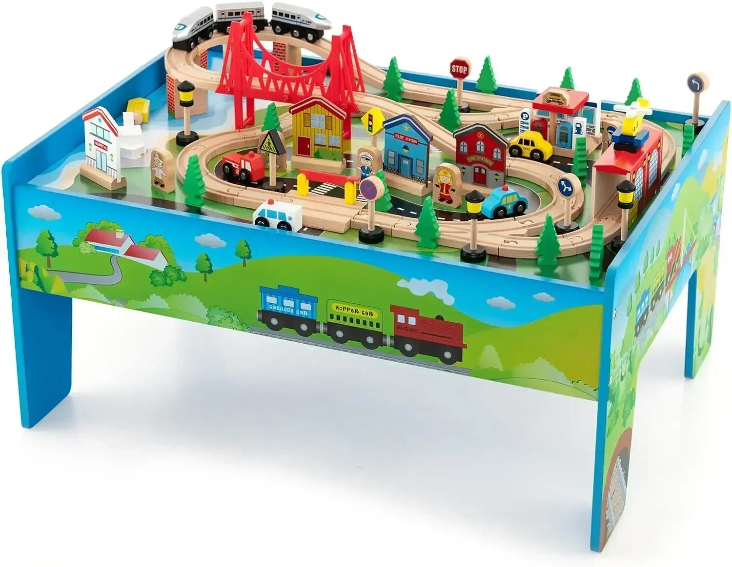 Train Table,Wooden Kids Activity Table Playset with Reversible & Detachable Tabletop,Solid Wood Tracks,Railway