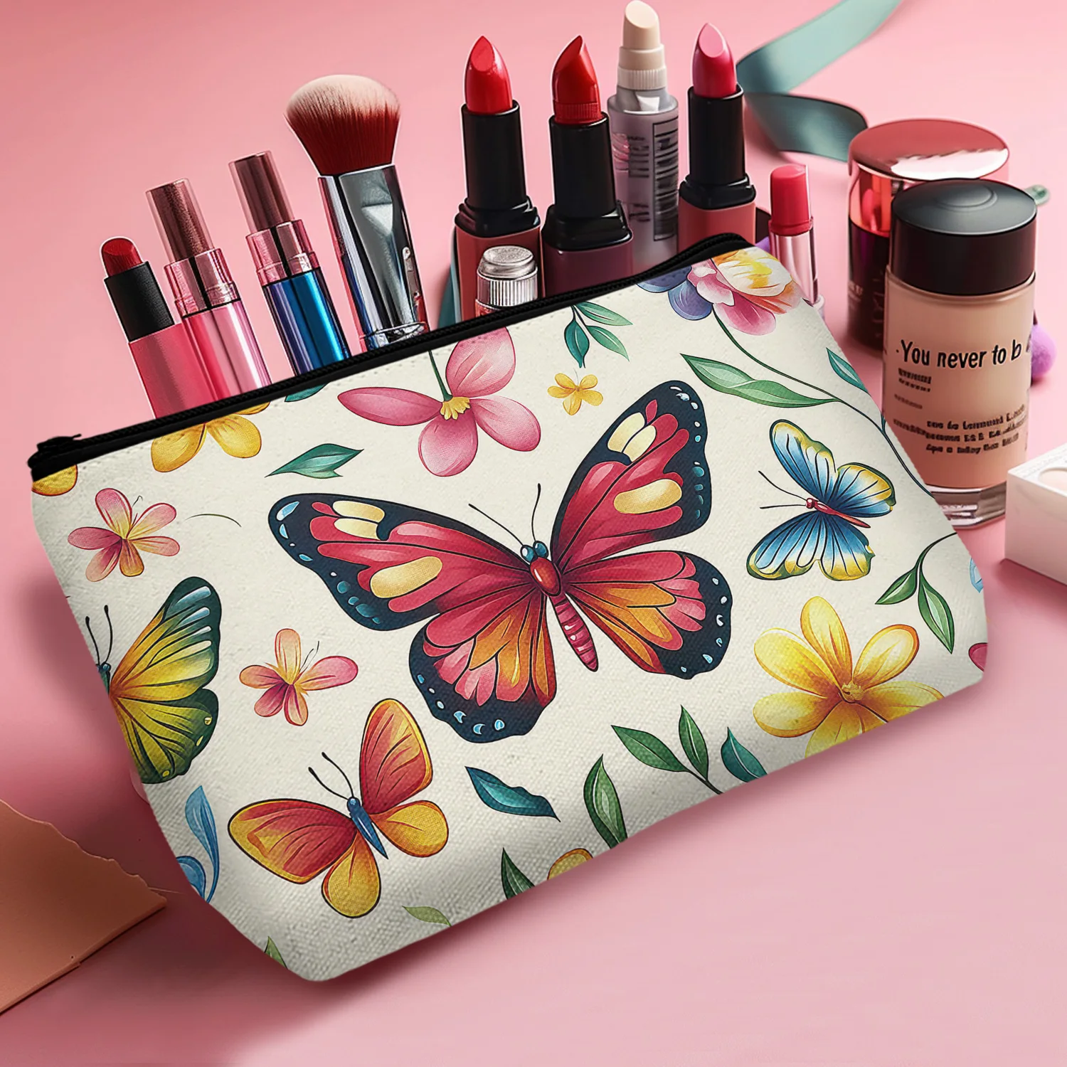 1Pc Aesthetic Butterfly Floral Makeup Bag Retro Vintage Flower Cosmestic Bag With Zipper Wildflower Insects Makeup Bag