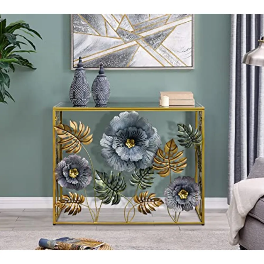 طاولة وحدة التحكم طاولة أريكة فنية عتيقة مع ديكور زهور معدنية طاولات مدخل مع مرآة زجاجية منضدية خلف أريكة rrow أ #4