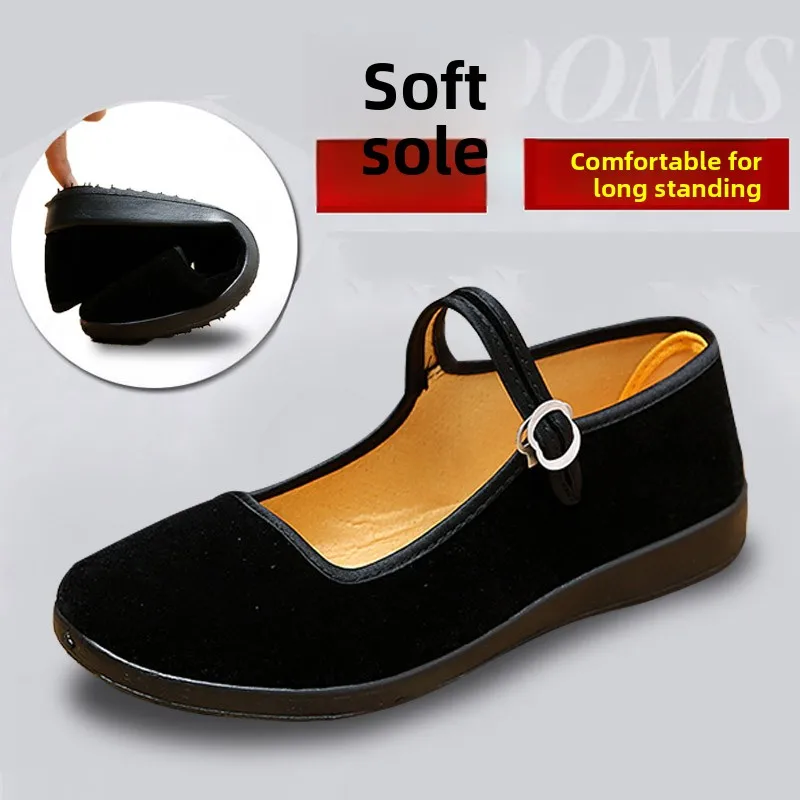 Elegant Beijing Ladies Shoes for Work Office Square Dance Cleaning Ladies Style Flat Heel Cotton Lined round Toe Casual Flats