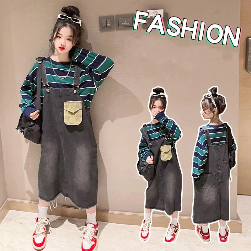 

Spring Autumn School Girl 2PCS Clothes Set Junior Girl Striped Long Sleeve Tops+Denim Suspender Skirt Set For Girls 4-15Yrs