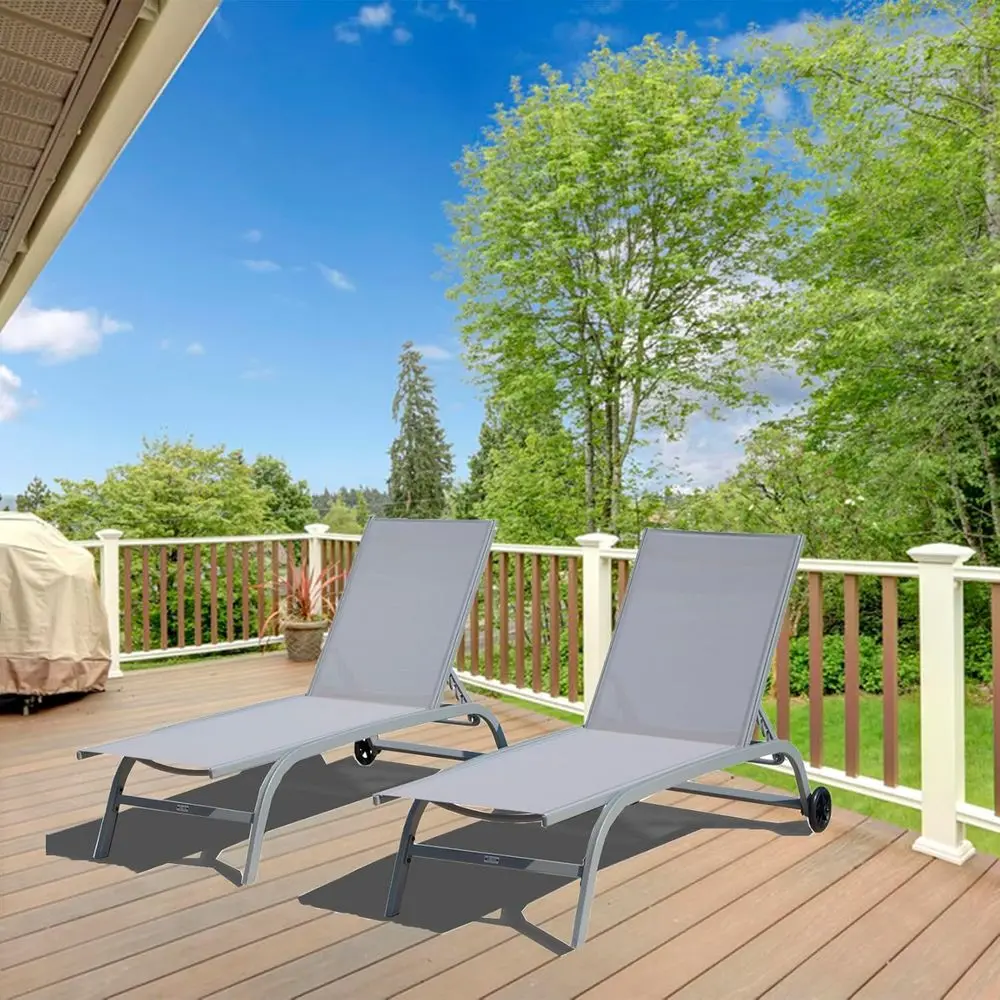 

2-Piece Outdoor Chaise Lounge Set with Wheels, Grey Reclining Chairs for Patio, Beach, Poolside, and Yard Relaxation