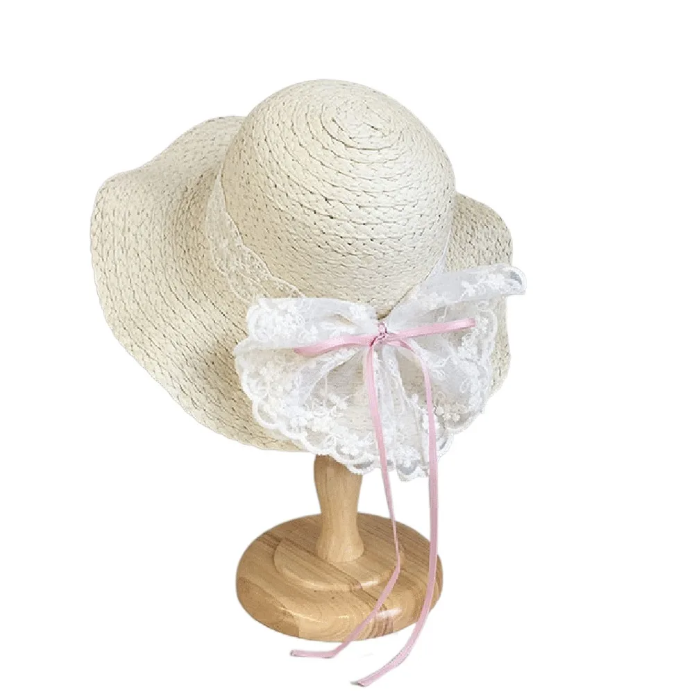 

Fisherman Cap Sweet Bowknot Straw Sun Hat Ribbon Korean Style Girls Bucket Hat Lace Brim Anti-UV Woven Handbag Baby