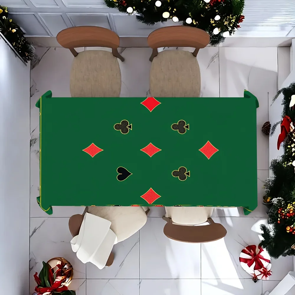 1PC Modern Fashion Simple Tablecloth, Green tablecloth with red and black striped patterns of poker cards on itxzj