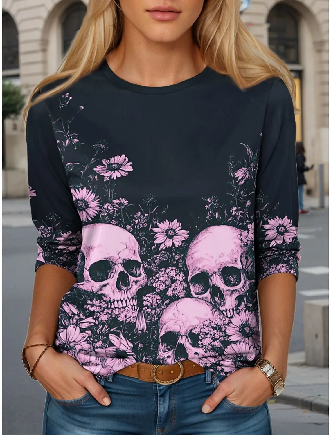 

Women's T Shirt Graphic Skull Casual Tees Fashion Stylish Long Sleeve Crew Neck Regular Tops 3D Prints Summer Casual Pullover