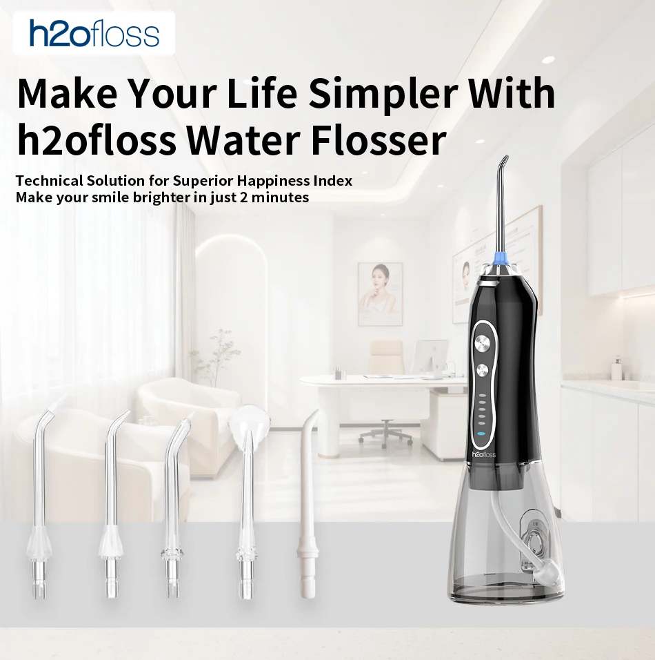 H2ofloss Wasserflosser Tragbarer Mundduscher 300ML 5 Modi Hochdruck USB Wiederaufladbar zur Zahnreinigung HF-6 – Detail 1