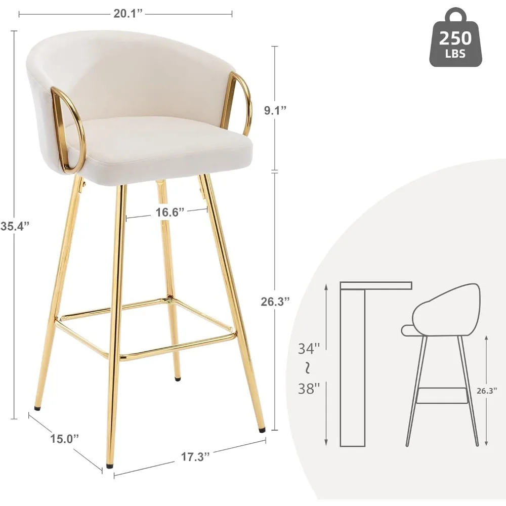 Modern 26 Inch Counter Height Bar Stools Velvet Kitchen Low Back Chair with Golden Armrest for Island/Home Bar/Dining Room