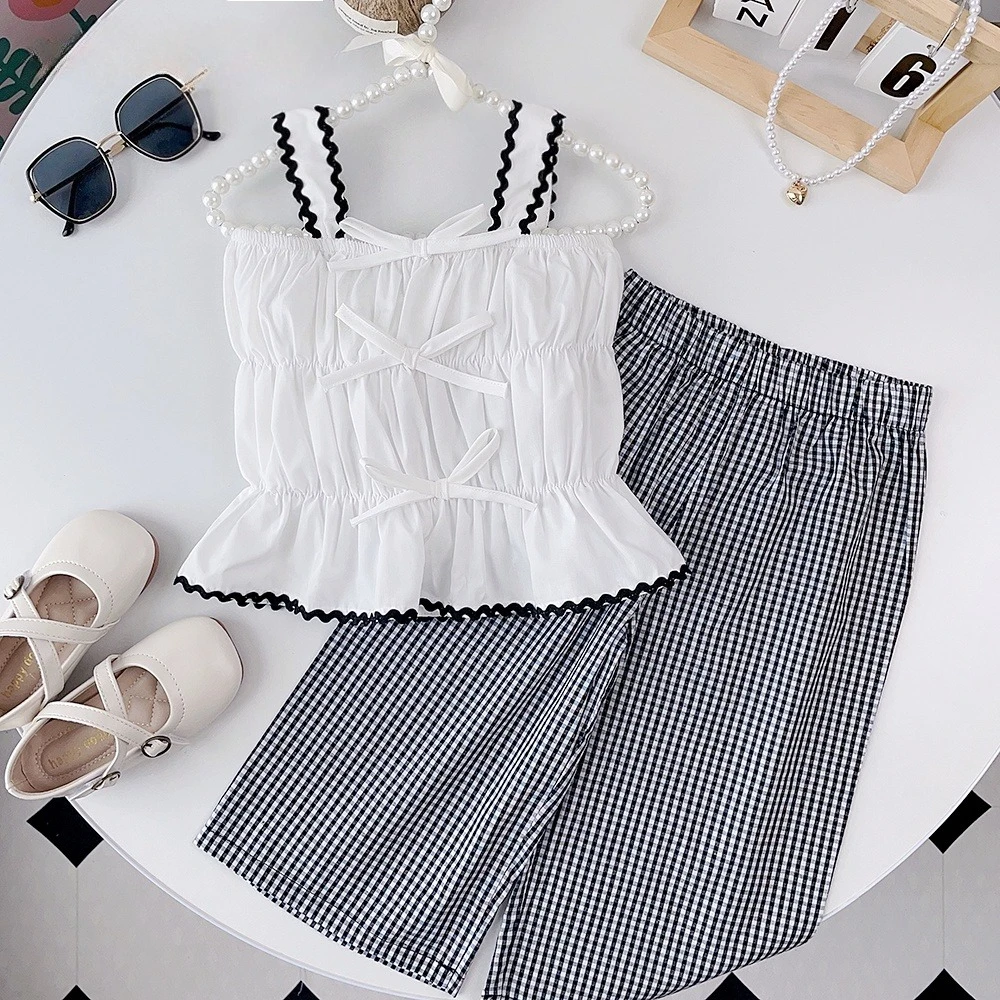 2-3 Year Old Baby Girl Casual Set with Bow Strap and Checkered Wide Leg Pants Two-piece Set Summer Promotion