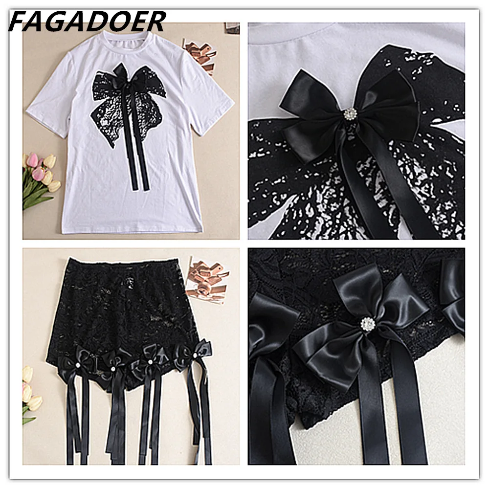 FAGADOER Mode Y2K Süße Schleife Bandage Spitze 2-teiliges Set Outfits Frauen Rundhals Kurzarm Top Und Shorts Outfits Streetwear